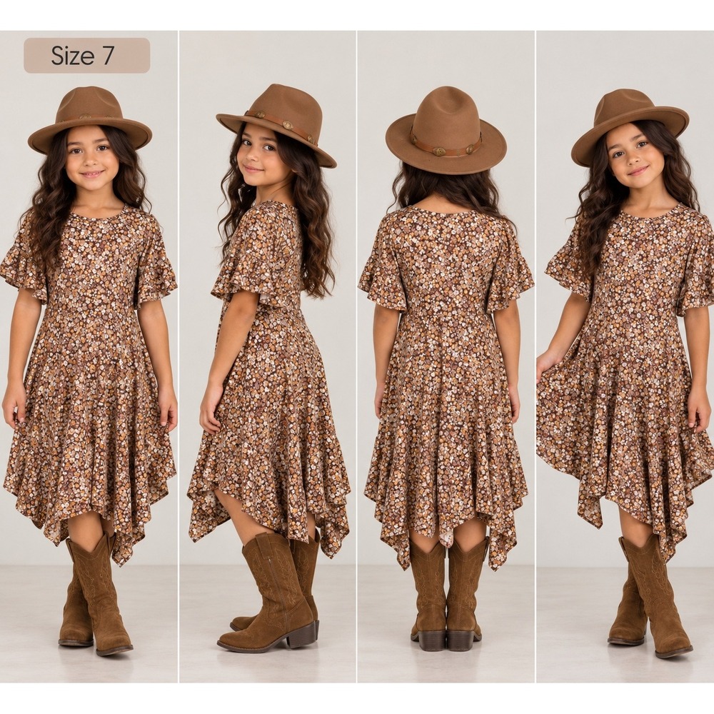 Joyfolie Girls Emilia Dress Brown Floral Ruffle Sleeve Size 7 Boho Flowy NWT $80